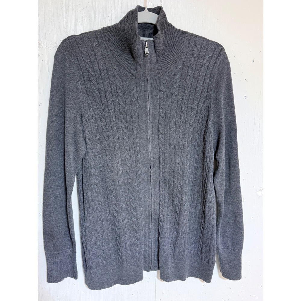 Talbots Cardigan Sweater Women X Gray Knit Cable Zip Mock Neck Classic Preppy